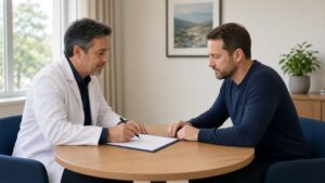 Cardiologist and adult patient reviewing a clipboard during a clinic visit