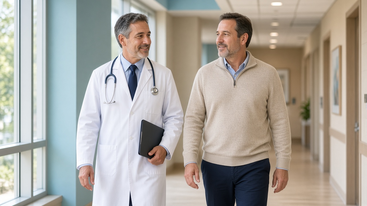 Cardiologist walking with an adult patient in a bright clinic hallway during a calm consultation