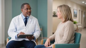 Cardiologist talking with a patient during a calm Lewisville clinic consultation