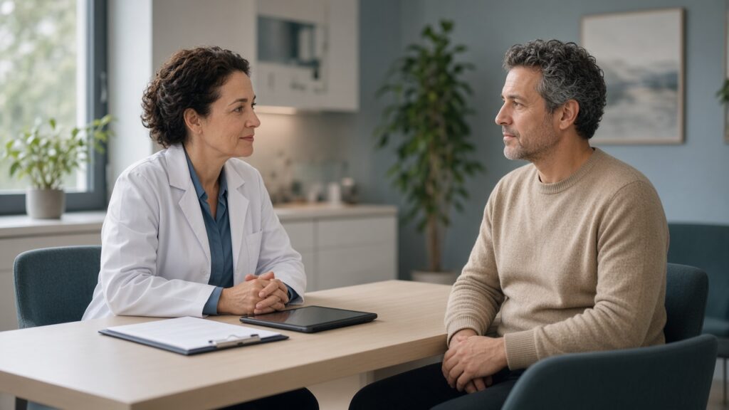 Cardiologist talking with a patient during a calm outpatient consultation