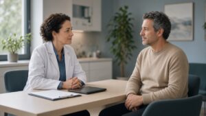 Cardiologist talking with a patient during a calm outpatient consultation