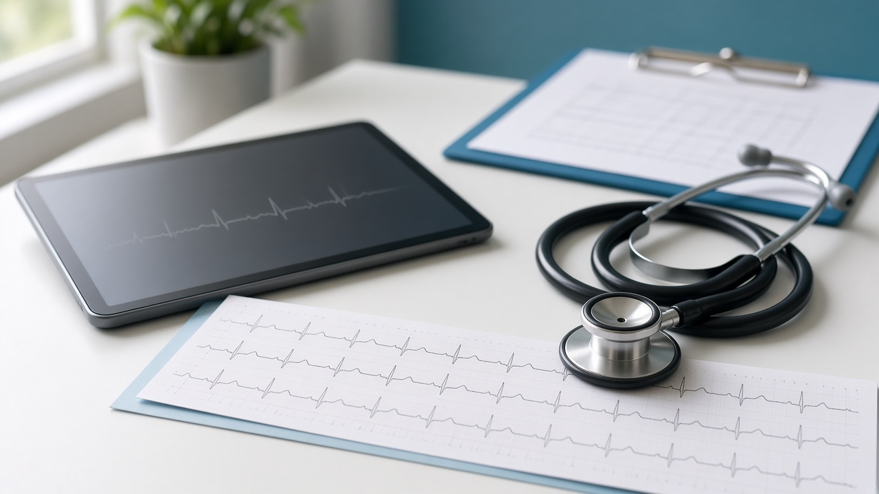 ECG tracing, stethoscope, and chart on a cardiology desk