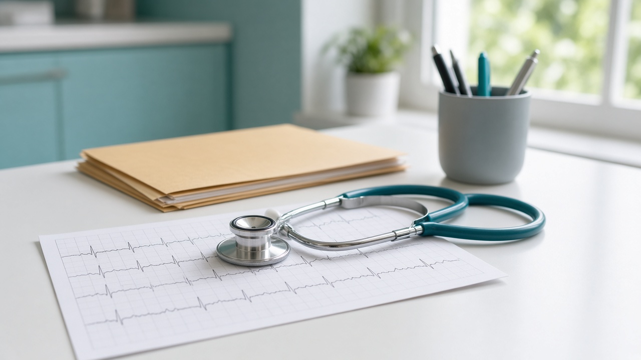 ECG printout and stethoscope on a cardiology clinic desk in Richardson