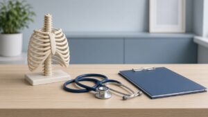 Rib cage teaching model and stethoscope on a clinic desk, with no people in the frame