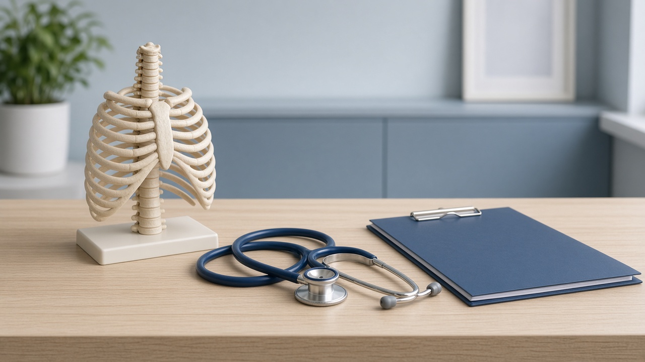 Rib cage teaching model and stethoscope on a clinic desk, with no people in the frame