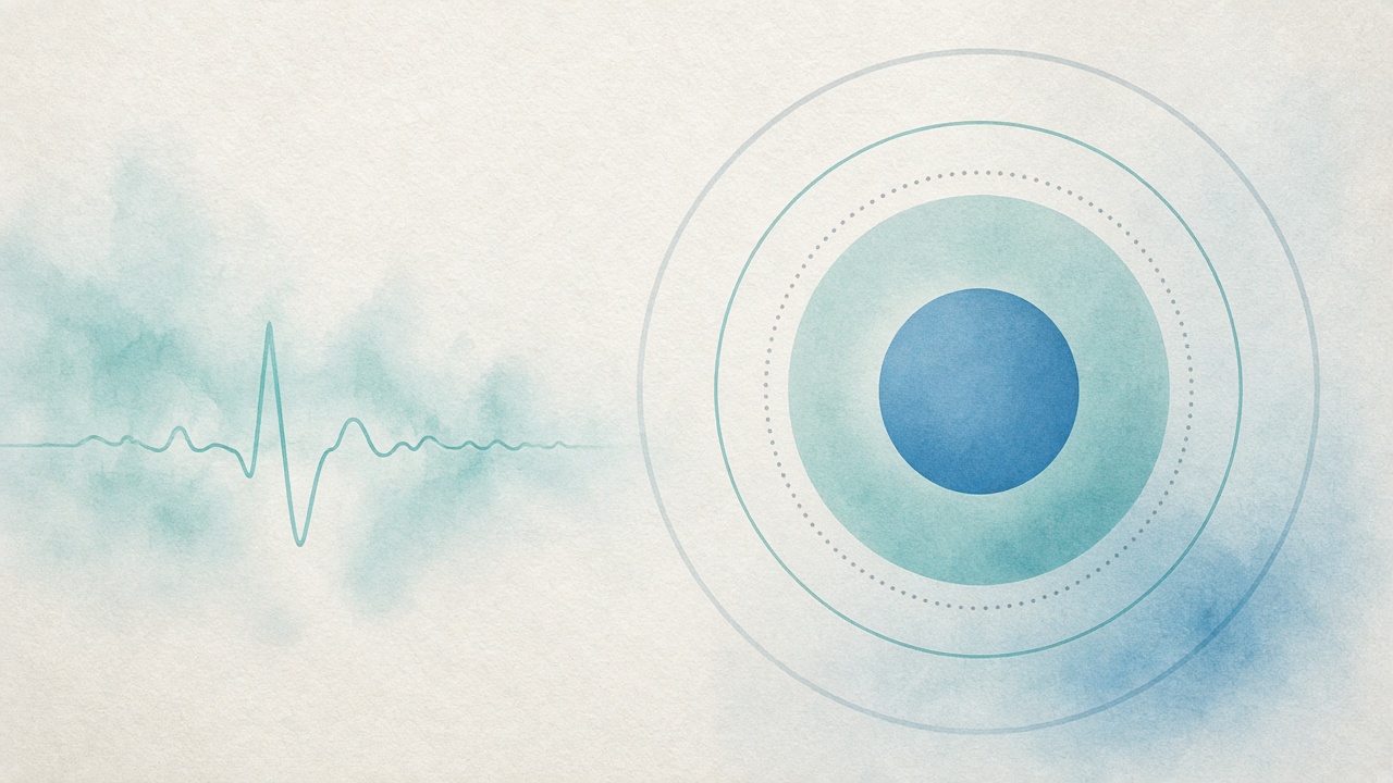 Abstract teal clinical graphic of an ECG waveform and nested circles suggesting dysautonomia as an umbrella over POTS