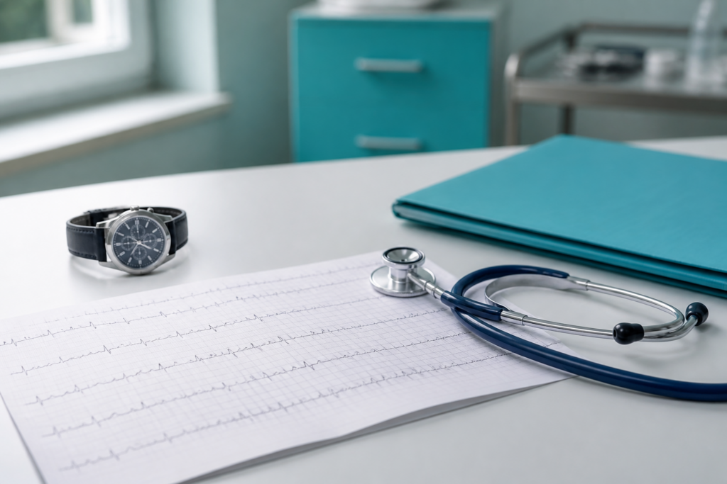 Printed ECG strip and stethoscope on a cardiology desk, used to illustrate heart pounding causes