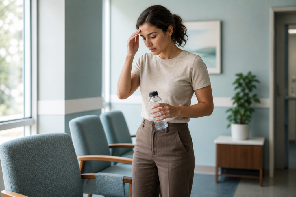 Young adult standing beside a clinic chair after standing up, holding a water bottle
