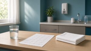 ECG printout, water glass, and washcloth on a clinic desk used during a nausea and sweating evaluation
