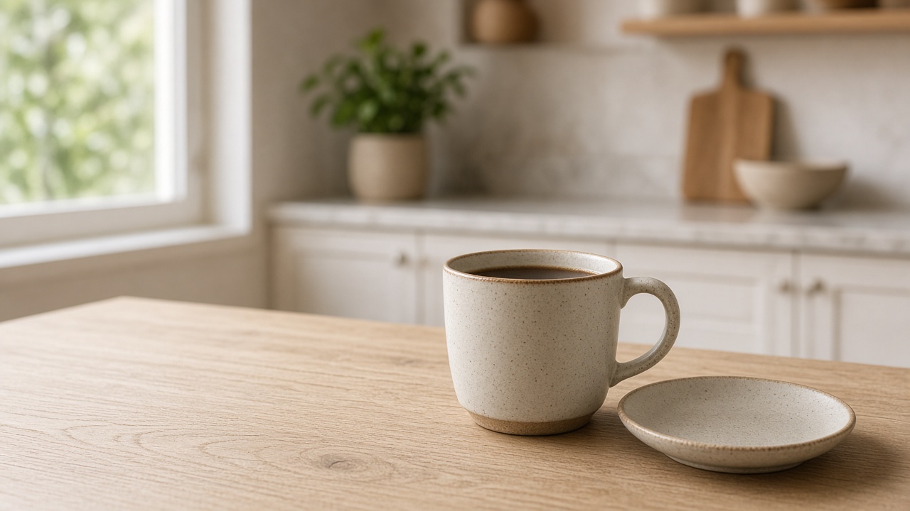 Morning coffee mug on a wood table in soft window light