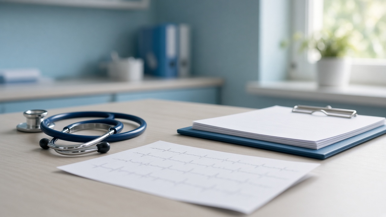 ECG printout and stethoscope on a calm cardiology clinic desk