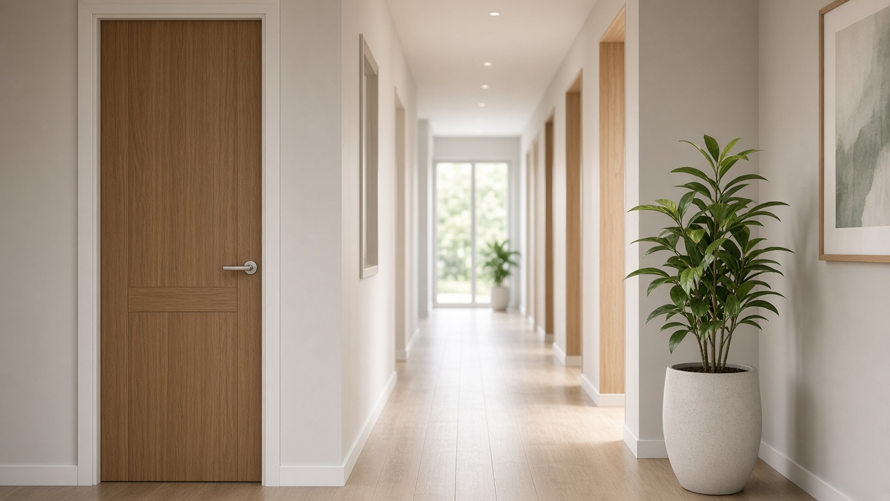 A clinic hallway with a closed door and a plant.