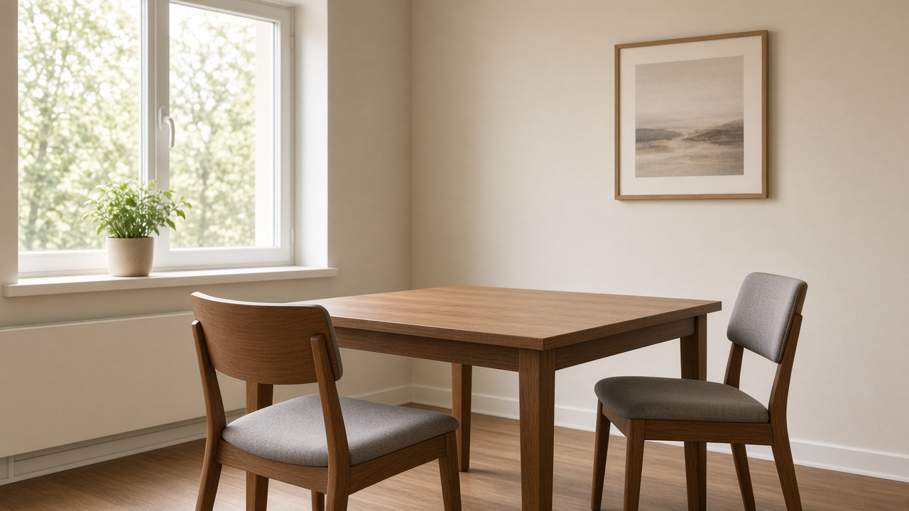 A consultation room with a table, two chairs, and a window.