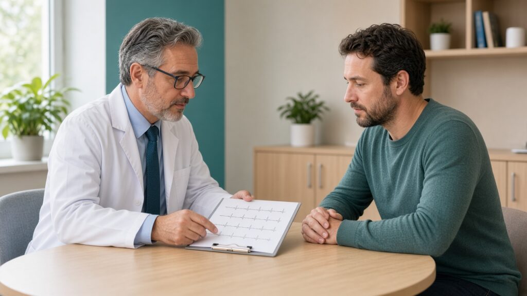 Cardiologist and patient reviewing a heart tracing and clipboard during a consultation