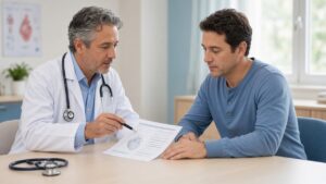 Cardiologist and patient reviewing a chart during a calm clinic visit about chest pain