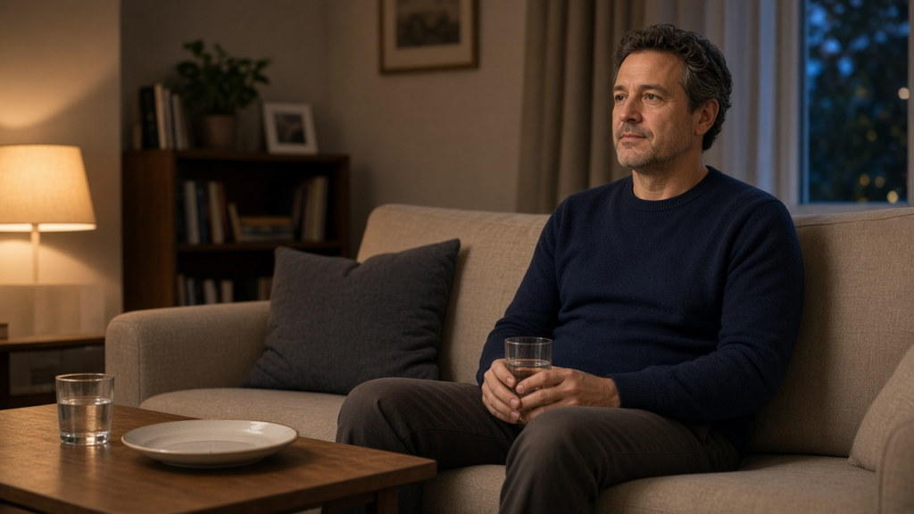 Adult sitting upright on a sofa after dinner, with a cleared plate and a glass of water nearby