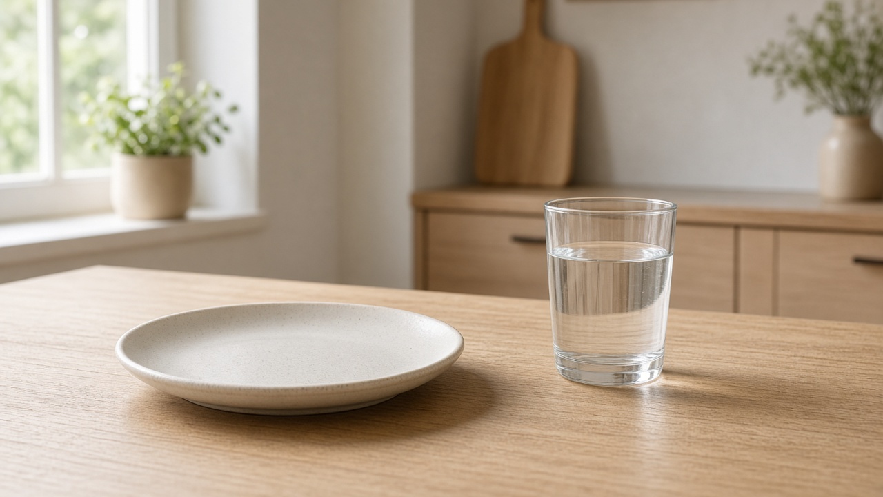 An empty plate and a glass of water on a kitchen table.