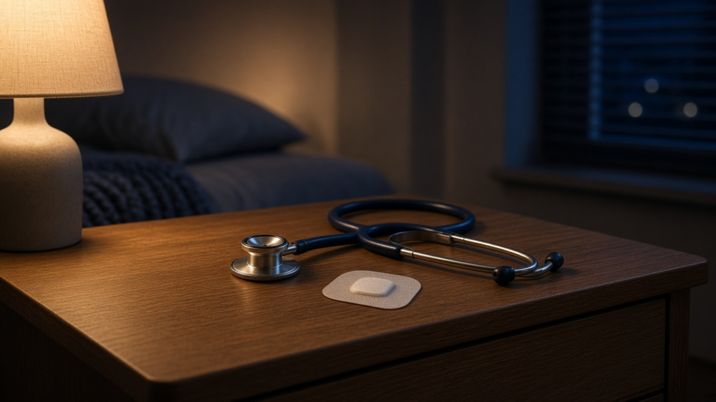 Stethoscope and a heart-monitor patch on a nightstand in warm lamp light