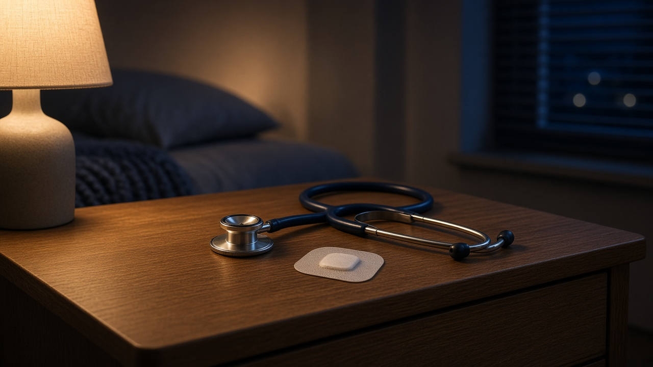 Stethoscope and a heart-monitor patch on a nightstand in warm lamp light
