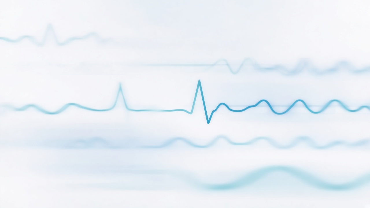 Soft abstract ECG waveform in blue and teal, with no readable text
