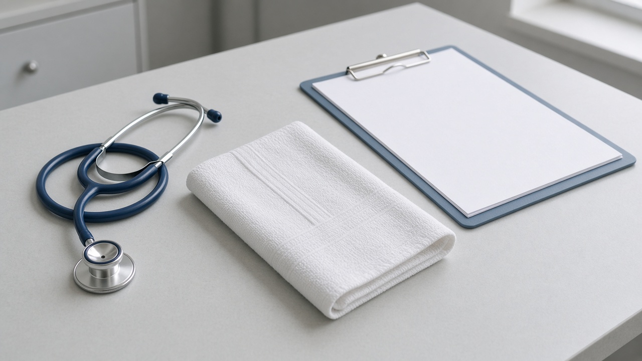 Stethoscope and a folded towel on an exam-room counter.